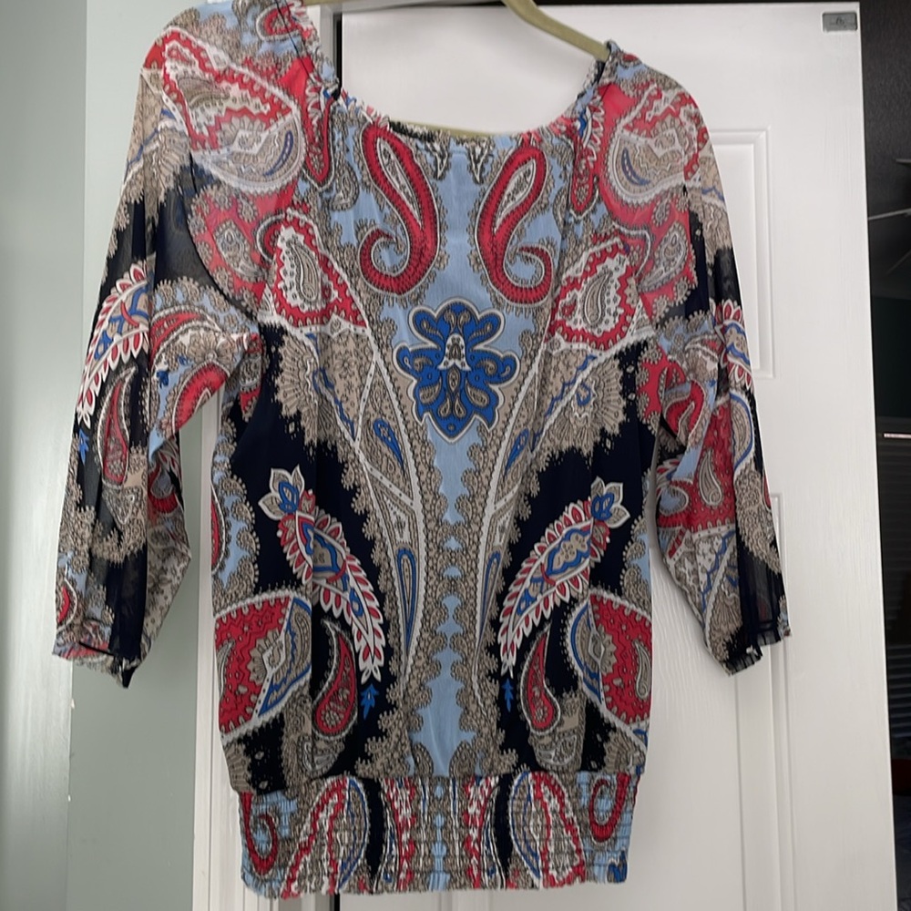 INC Paisley blouse embellished with jewels  3/4 sleeves elastic bottom-
